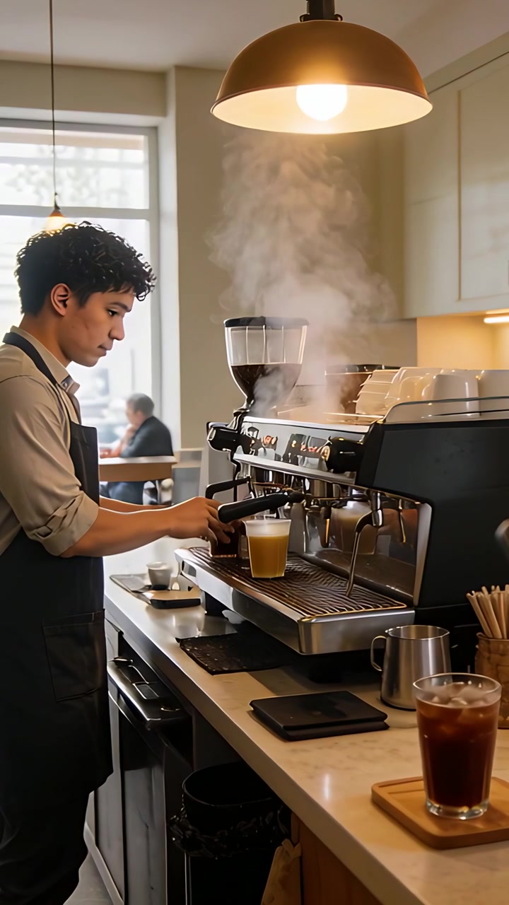Video verticale: Barista con grembiule che blocca il portafiltro, estrae un caffè e monta il latte al bancone per un cliente.