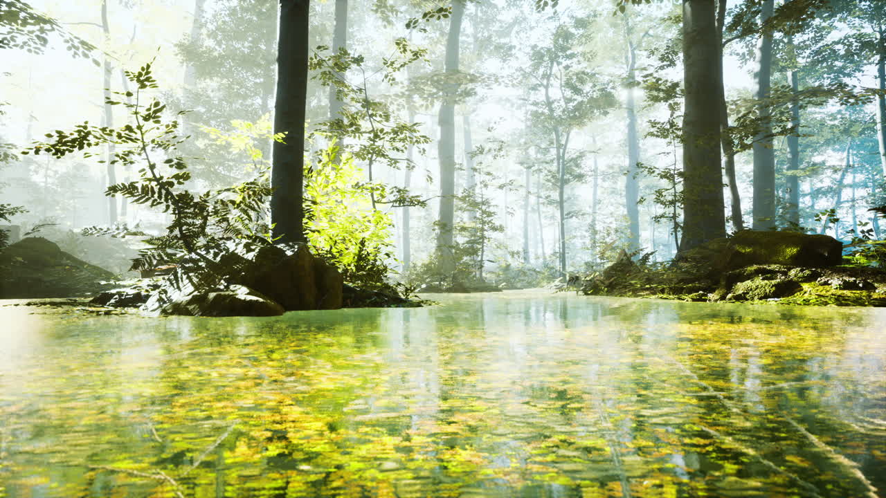 nascer do sol com raios de sol através da floresta junto ao lago