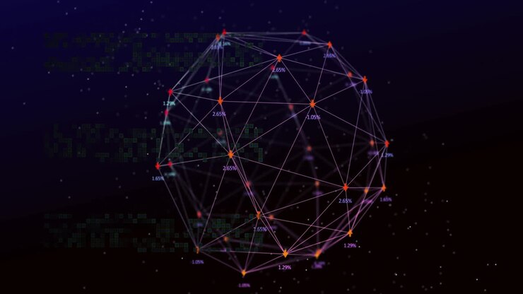 Animation of network of connections with data processing over spots
