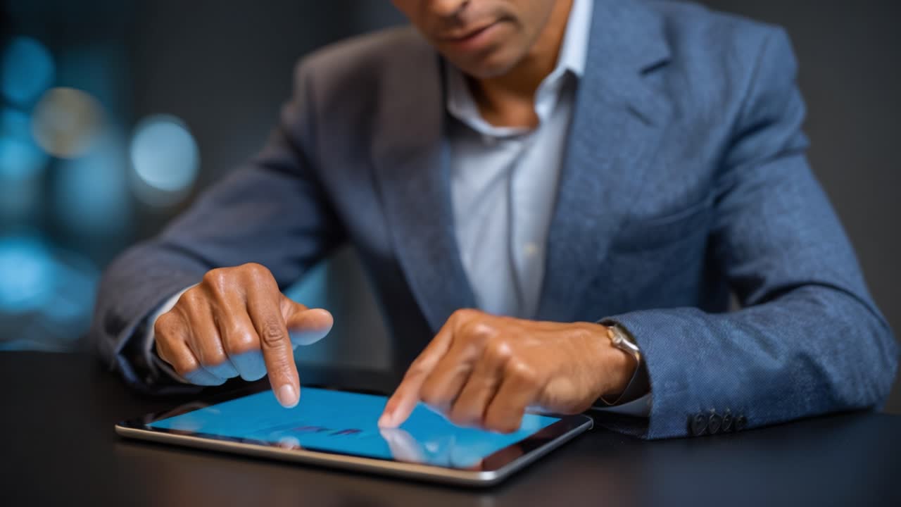 Analyzing Market Trends: A Professional Engagement with Digital Data and Visual Analytics on a Tablet in a Modern Business Environment