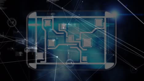 Animation-of-network-of-connections-over-integrated-circuit-on-black-background