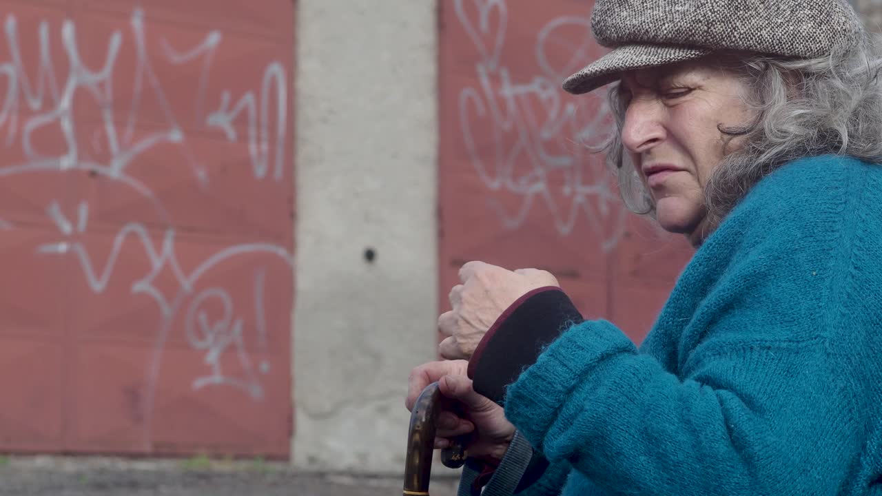 senior woman resting suffering from tremor attack trying to carees the pet. Mental health and elderly care concept