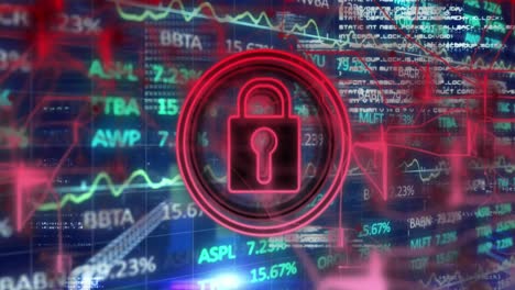 Animation-of-security-padlock-over-statistical-and-stock-market-data-processing-on-blue-background
