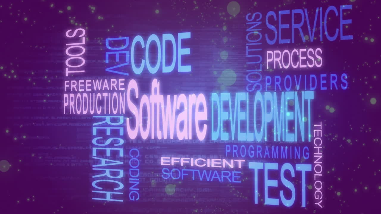 Animation showing software development keywords floating over purple background in school