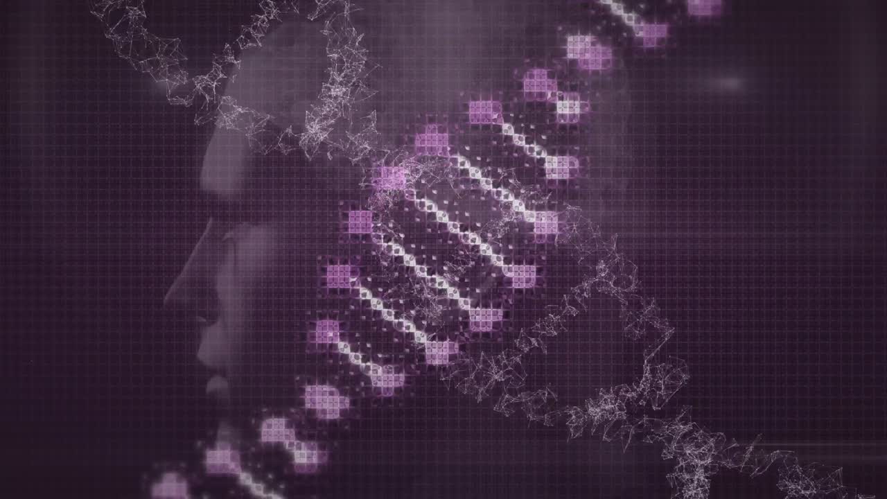 animación de cadenas de adn sobre una cabeza humana digital sobre un fondo negro.