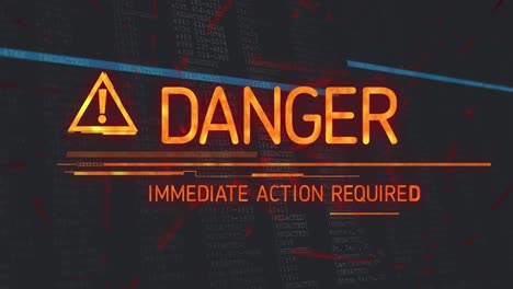 animation of danger text and symbol over data processing