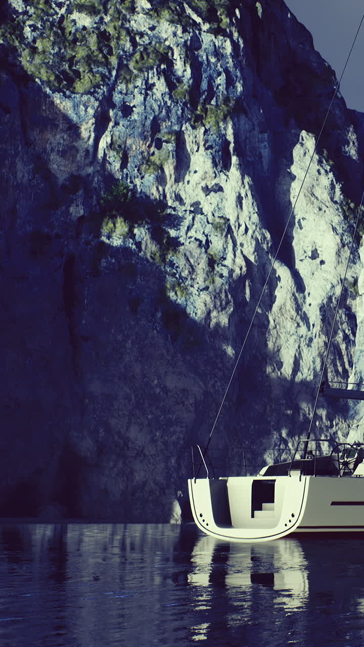 Voilier ancré près d'une falaise rocheuse dans une baie calme au coucher du soleil