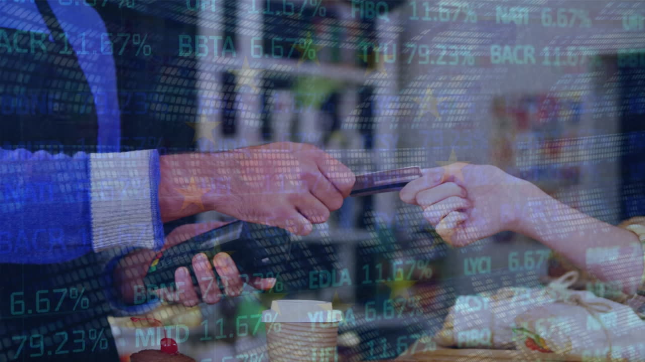 Animation of data processing over hand paying with credit card