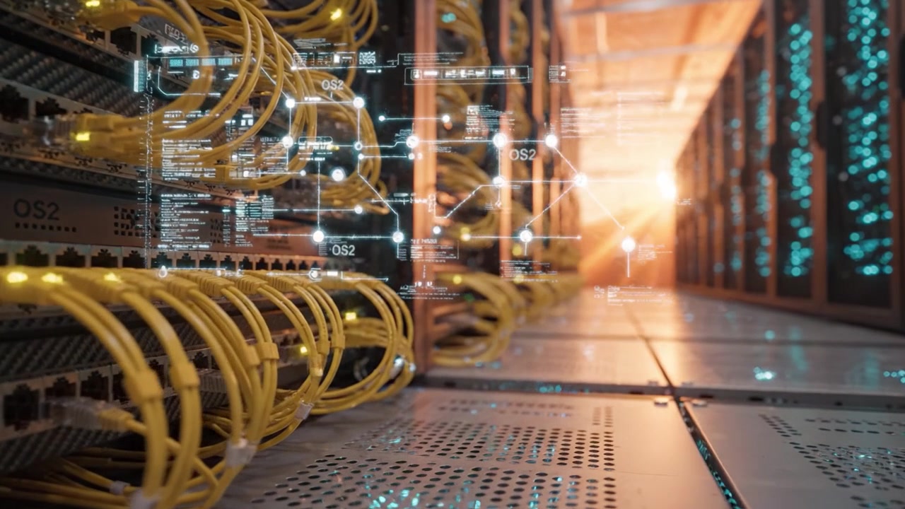 High-Tech Server Room with Fiber Optic Cables and Data Visualization Software in Action - A Glimpse into Modern Data Centers and Network Infrastructure