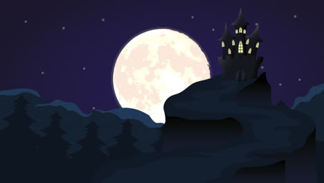 night scene with a big moon and castle of terror, animation