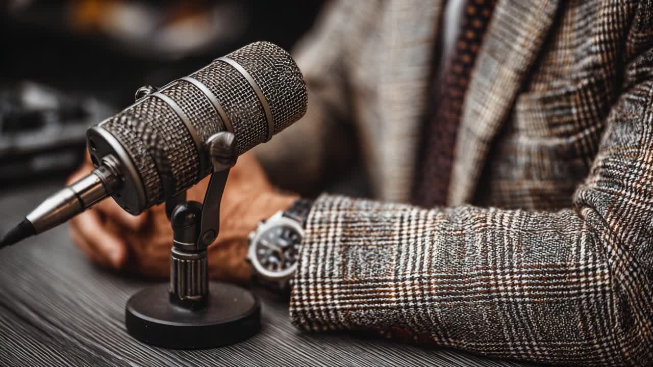 A Professional Podcaster's Setup: Capturing Authentic Conversations with a Classic Microphone and Elegant Attire in an Engaging Studio Environment