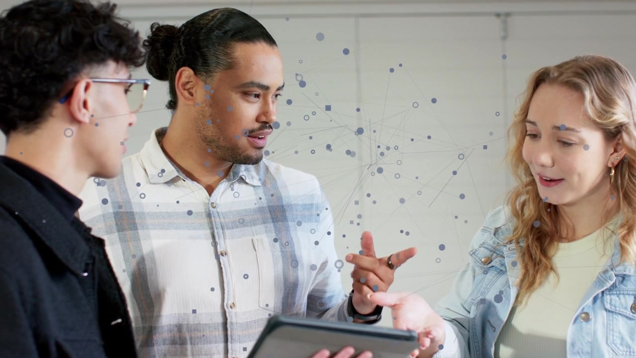Left person lifting tablet, center pointing and tapping, network overlay guiding tech agreement