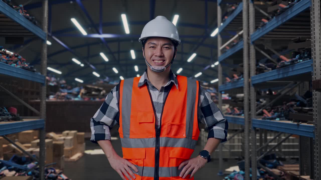 Ingegnere maschio asiatico con elmetto di sicurezza che sorride alla telecamera mentre è in piedi con le mani sui fianchi, in un magazzino industriale di rottami metallici e riciclaggio.