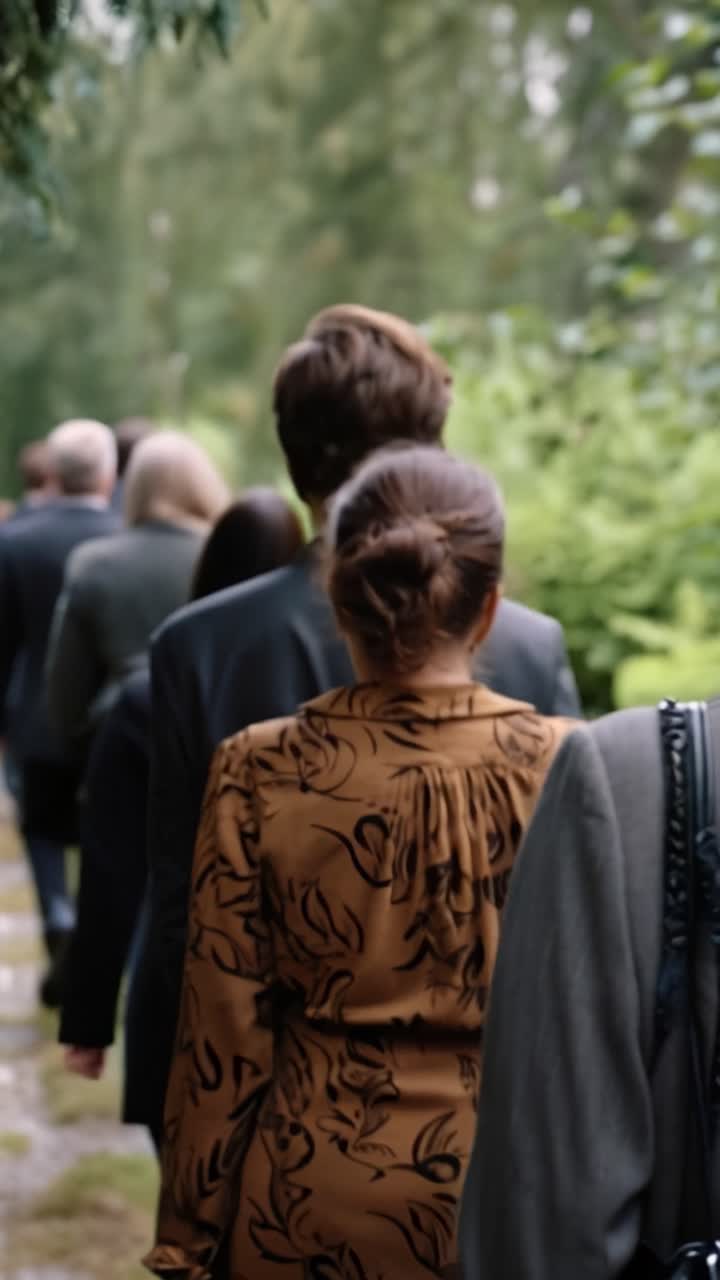 Persone camminano solennemente lungo un sentiero verde nel parco. Portano il lutto, vestite con toni spenti. Schiene rivolte, nessun volto mostra il loro dolore. Abito e vestito a fantasia suggeriscono un'occasione formale.