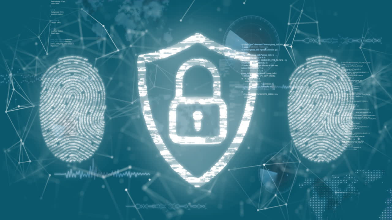 animación del escudo de seguridad digital y las huellas dactilares con conexiones de red