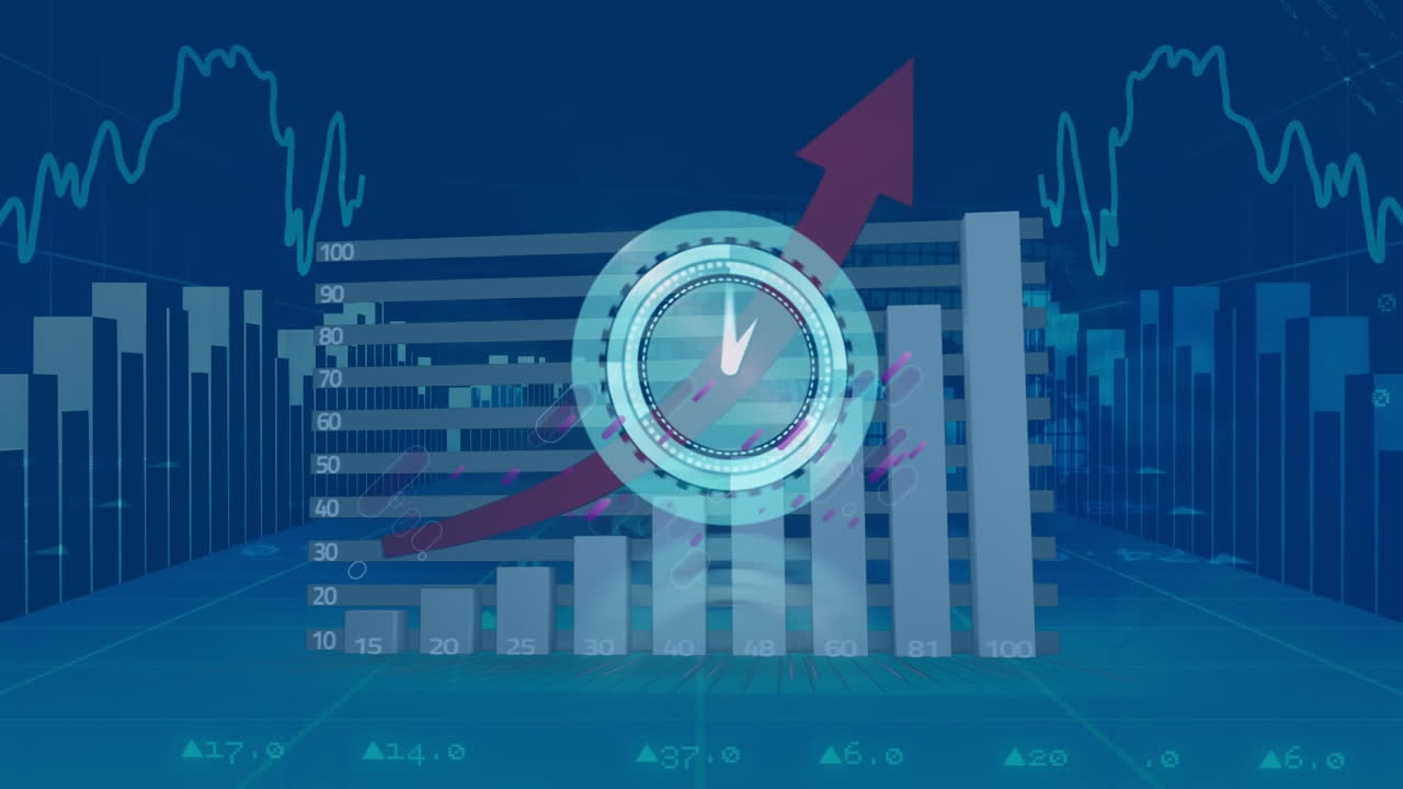 Animation of moving clock over graph and data processing