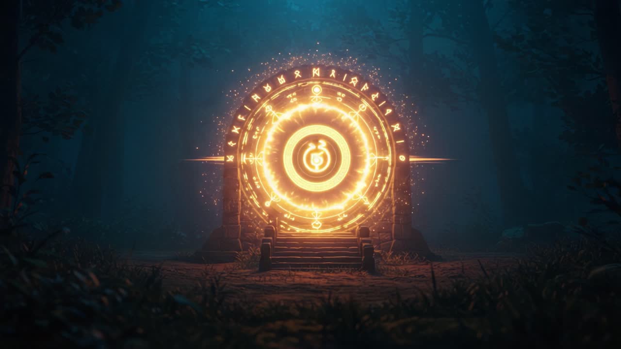 An Enigmatic Portal Illuminates a Mysterious Forest, Glowing with Magical Energy as It Connects Different Realms and Dimensions in a Dazzling Display of Brilliance