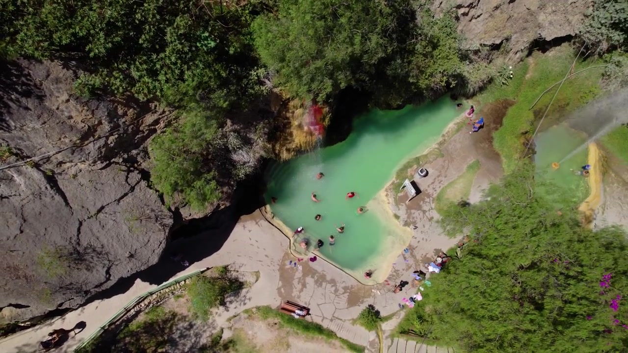 Vista aerea dall'alto di persone che nuotano in piscine termali cristalline a Churin, Perù. Perfetto per annunci di vacanze estive