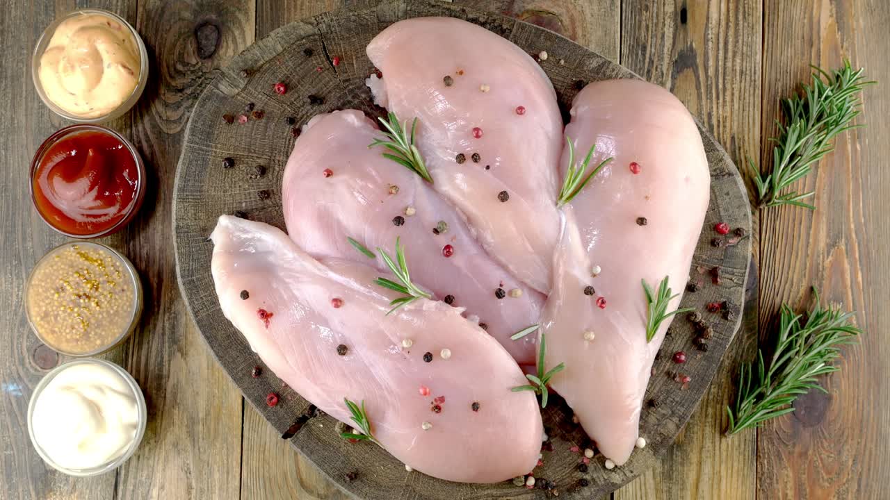 filetes frescos de pecho de pollo crudo salpicados con granos de pimienta, romero, las salsas giran lentamente.