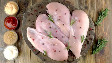 fresh raw chicken breast fillets sprinkled with peppercorns, rosemary, sauces rotates slowly.