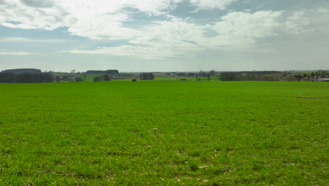 Low-angle-drone-shot-of-green-field-with-cloudscape-during-daytime