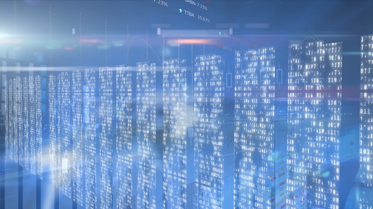 Animation of financial data processing over columns with binary coding
