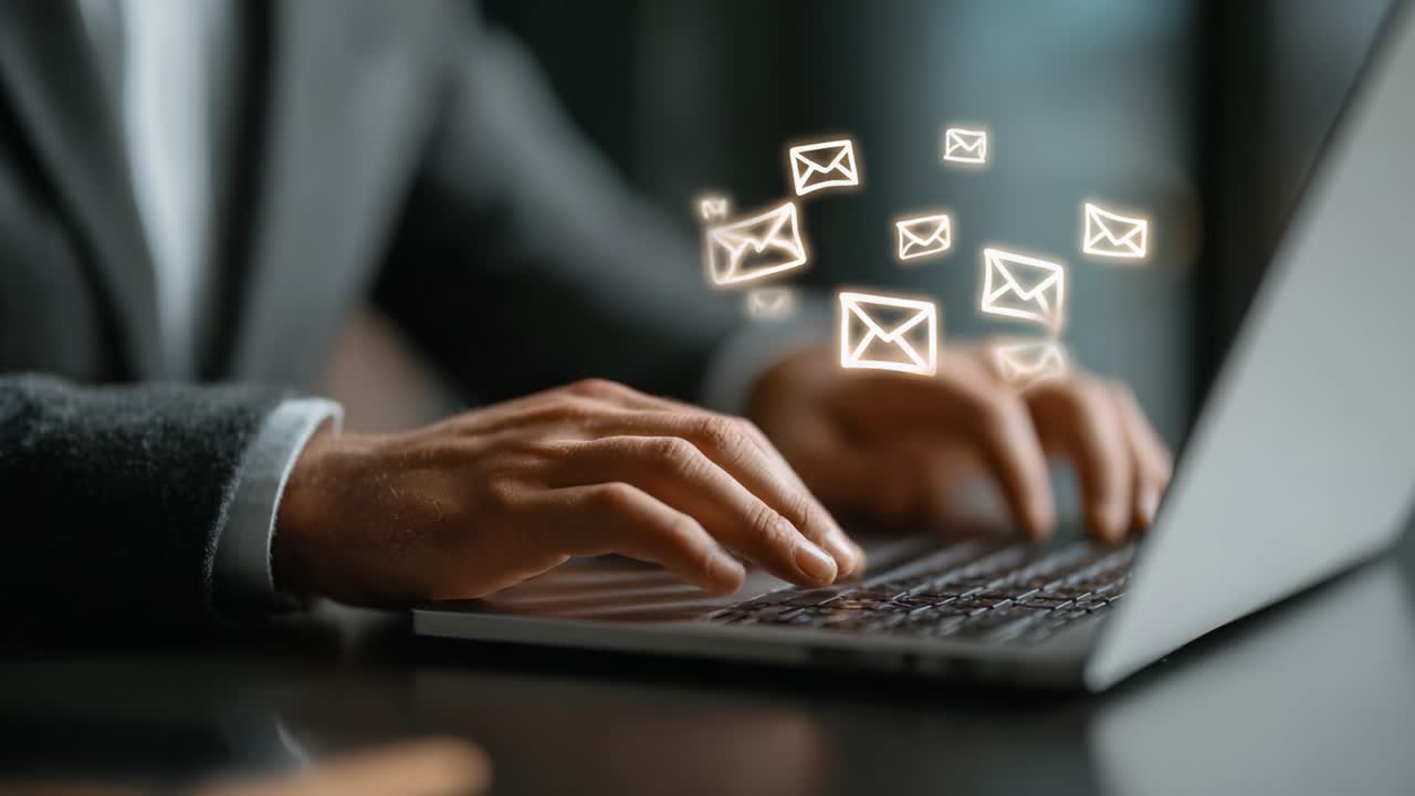 Engaging in Digital Communication: A Close-Up of Hands Typing Messages on a Laptop, Surrounded by Floating Illustrations of Emails Emphasizing Connection and Technology
