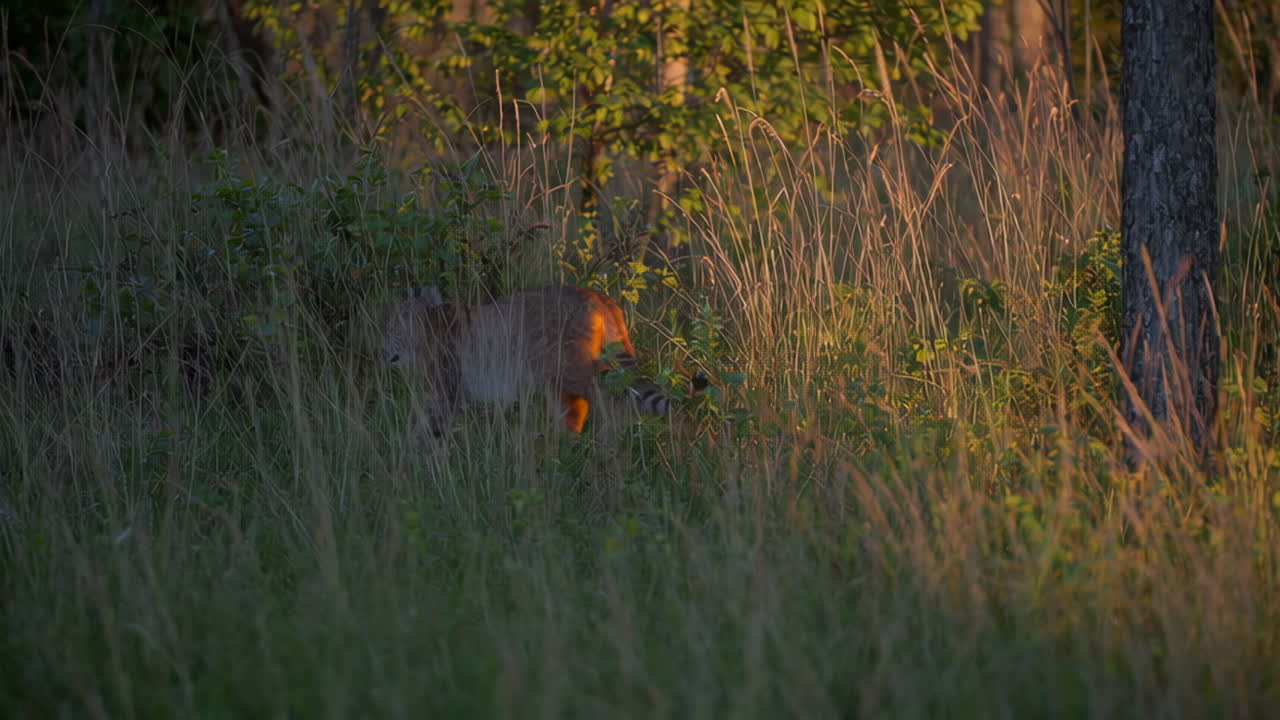 Lynx in a grassy forest at sunset
