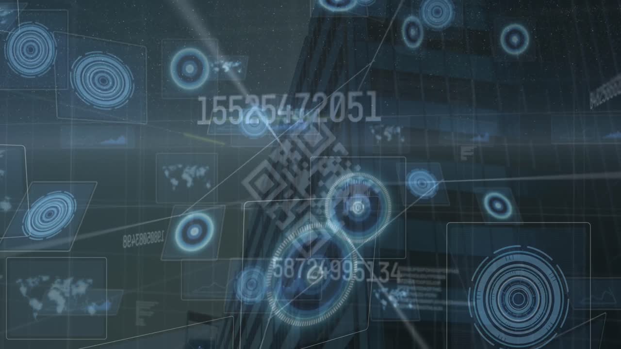 animación de escaneo de alcance con código qr y procesamiento de datos en cityscape.