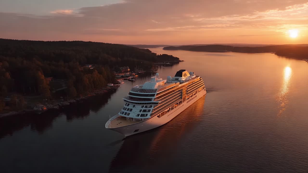 Serene Sunset Voyage: A Majestic Cruise Ship Gliding Along Tranquil Waters, Embraced by Nature's Beauty with a Golden Horizon in View