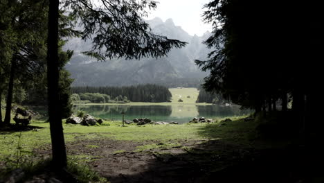 alpine lake scenery with mountains and forest