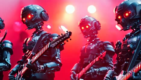 un grupo de robots tocando guitarras en un escenario