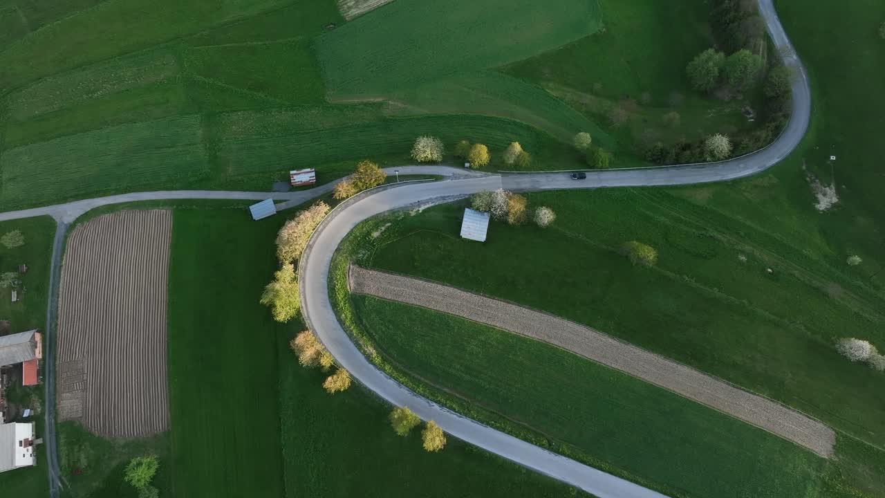 Drone's-eye view: Amidst early spring, a lone car ascends a winding hillside road, unveiling the picturesque landscape around the journey, with the lush green grass with a golden hue