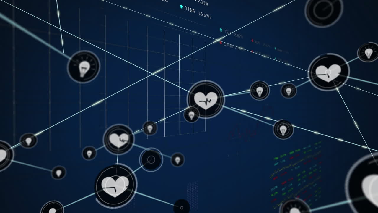 animación de la red de conexiones con iconos sobre el procesamiento de datos