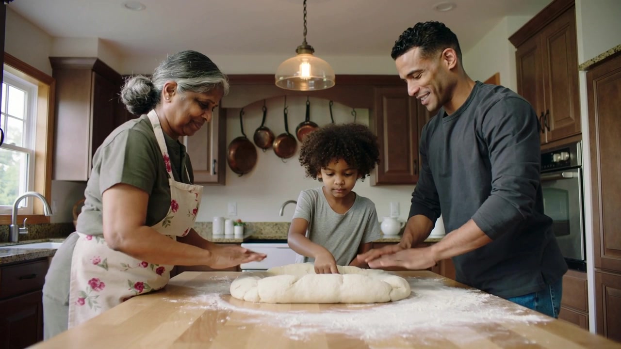 Gathering family kneading and shaping dough for baking at home kitchen island with floral apron
