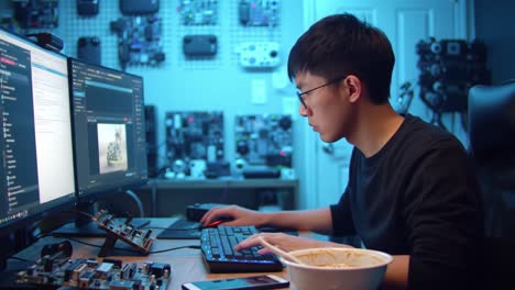 focused on code: a young programmer engages with dual monitors in a tech-filled workspace, balancing work and nourishment with a bowl of food nearby