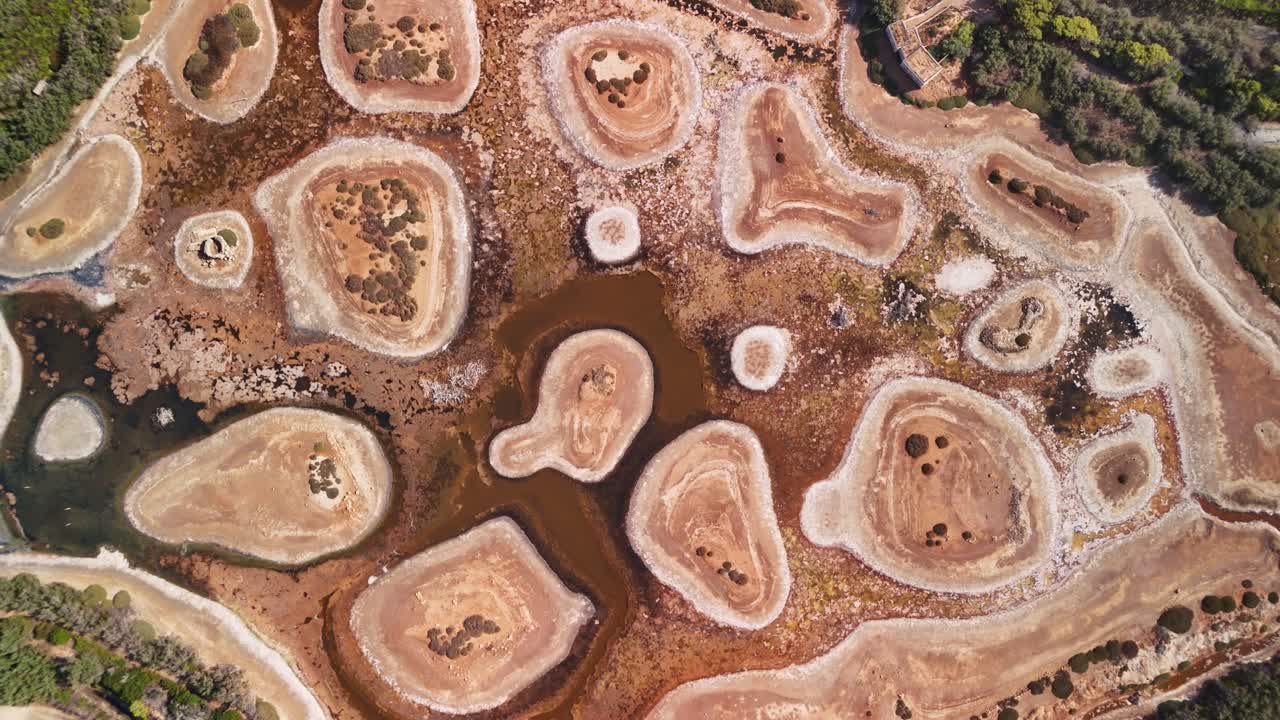 Aerial view of dried lakebed with unique land patterns in natural setting