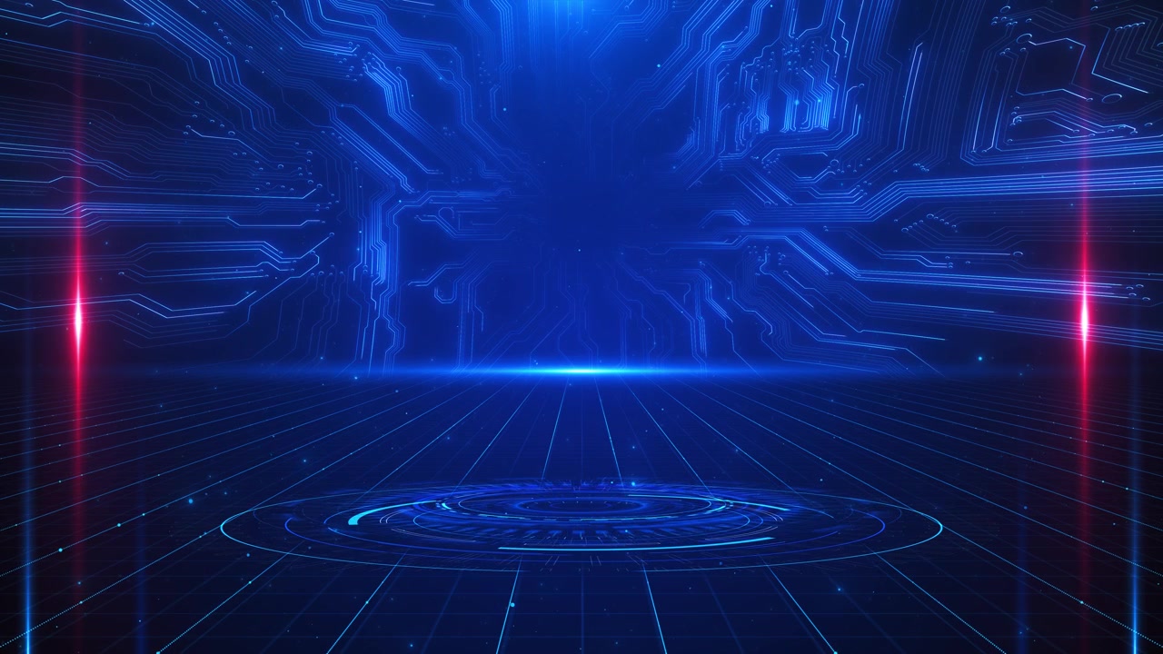 Blue futuristic grid stage with circuit wall patterns glowing platform and red side flares perfect