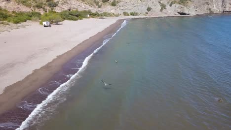 Mexiko-Strand-Mit-über-Wasser-Fliegenden-Pelikanvögeln---Tauchen-Nach-Fischen---Statische-Luftaufnahme