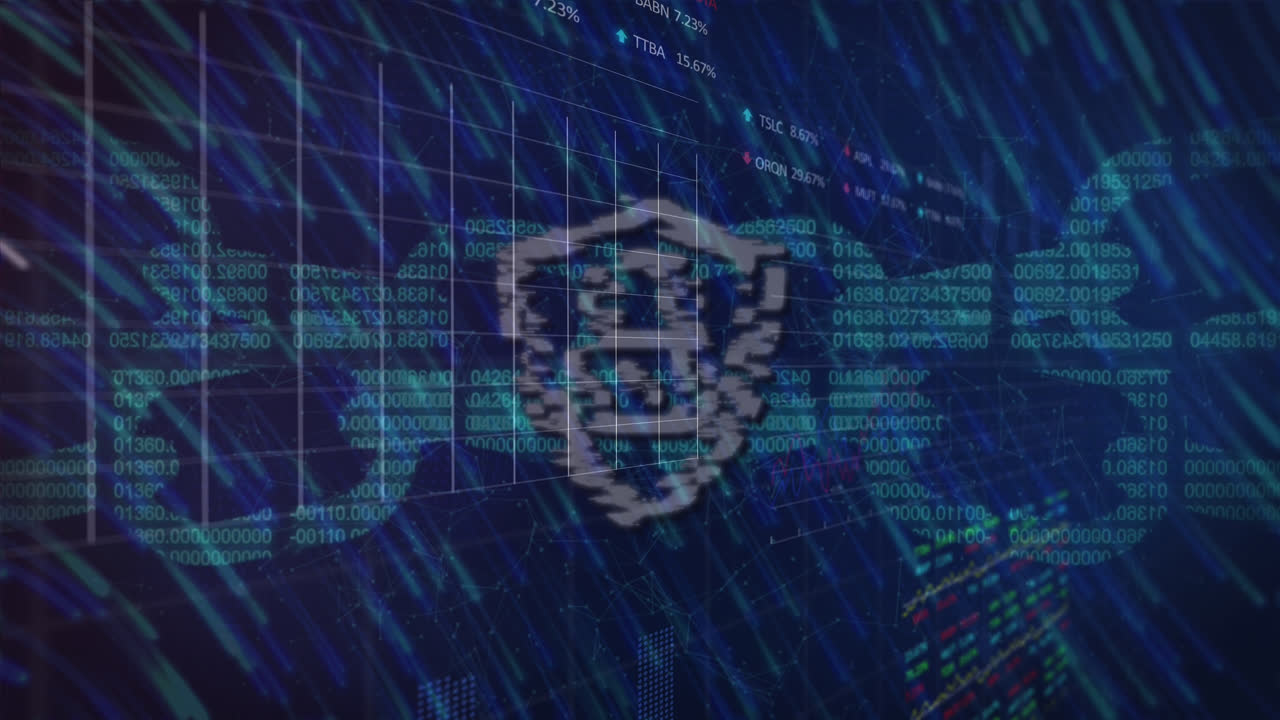 Light trails over security padlock and chain icon against data processing on blue background