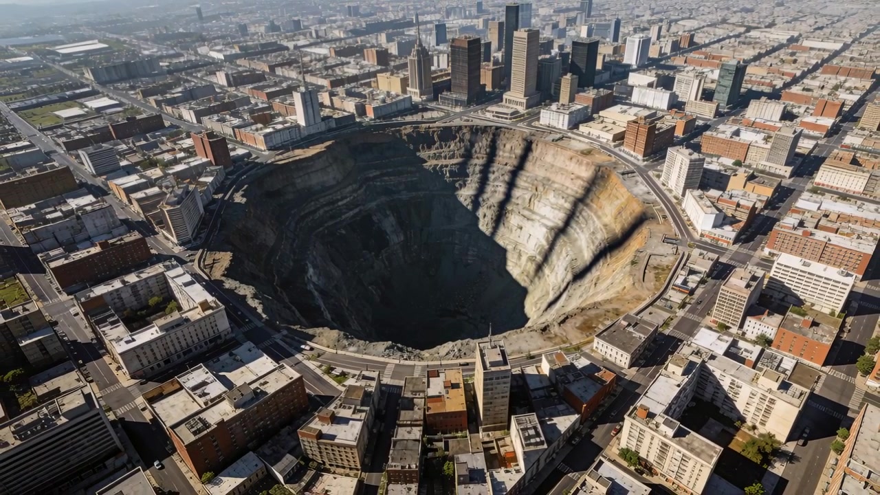 Drone planando inicia descida para frente sobre o centro da cidade, revelando uma cratera com anel viário e o horizonte.