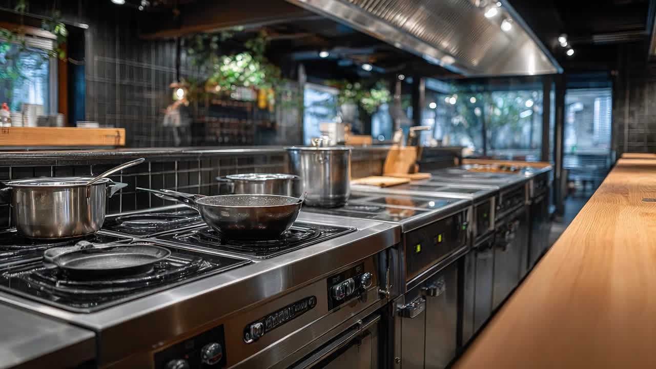 Cucina moderna con elettrodomestici in acciaio inossidabile e utensili da cucina