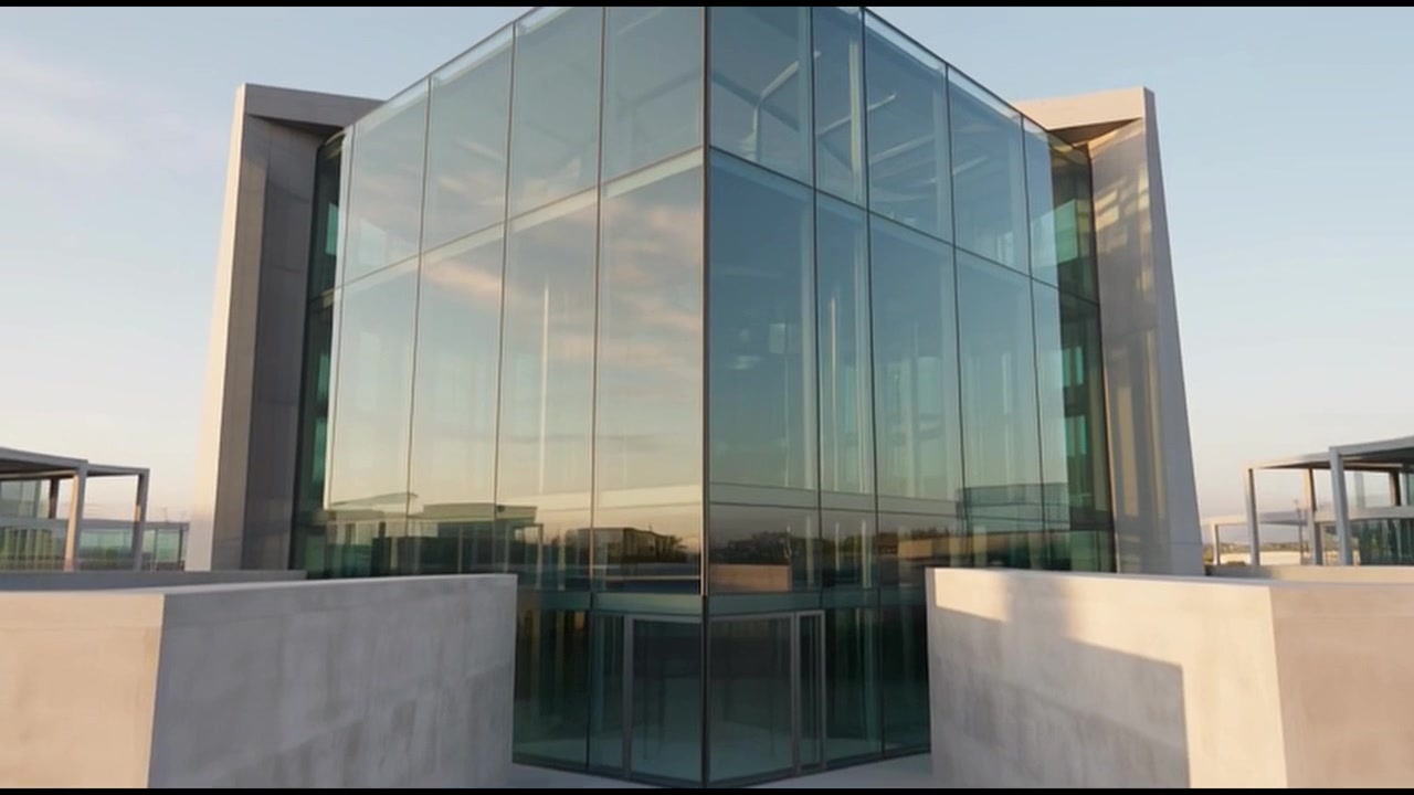Exterior de vidro de um moderno edifício de escritórios ao pôr-do-sol