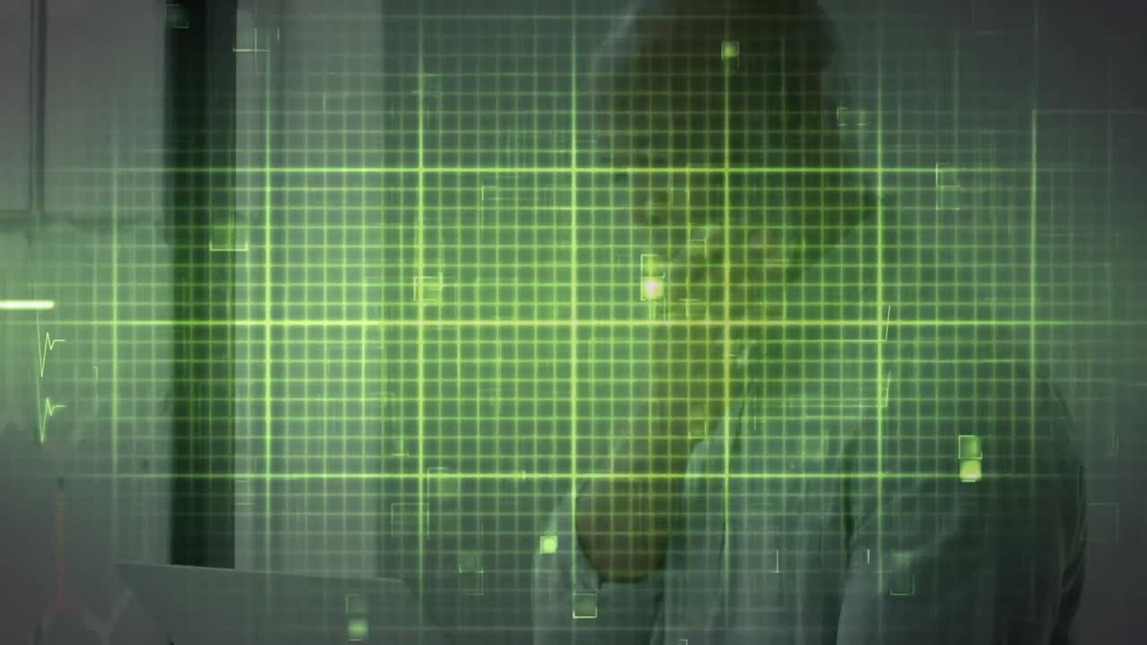 사무실에서 노트북을 사용하는 아프리카계 미국인 사업가에 대한 이소전기 선의 애니메이션