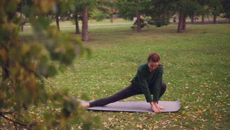 woman practicing yoga in an autumn park