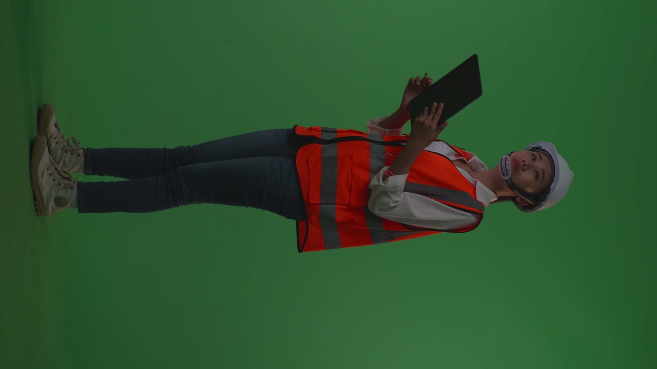 vista lateral de todo el cuerpo ingeniera asiática con casco de seguridad tomando nota en la tableta y mirando a su alrededor mientras está de pie en el estudio de fondo de pantalla verde, durante la puesta o salida del sol