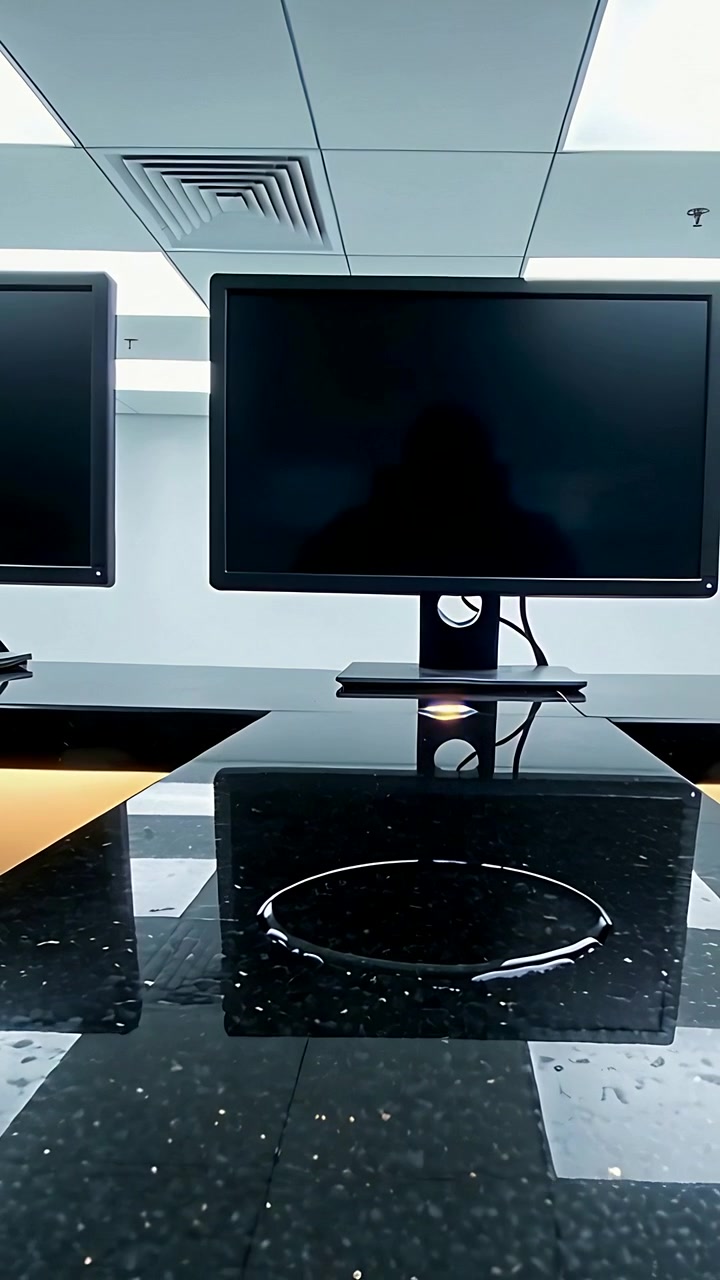 Vertical video: Blinking monitor LED shifting amber-blue at office, showing wet ring on glossy desk
