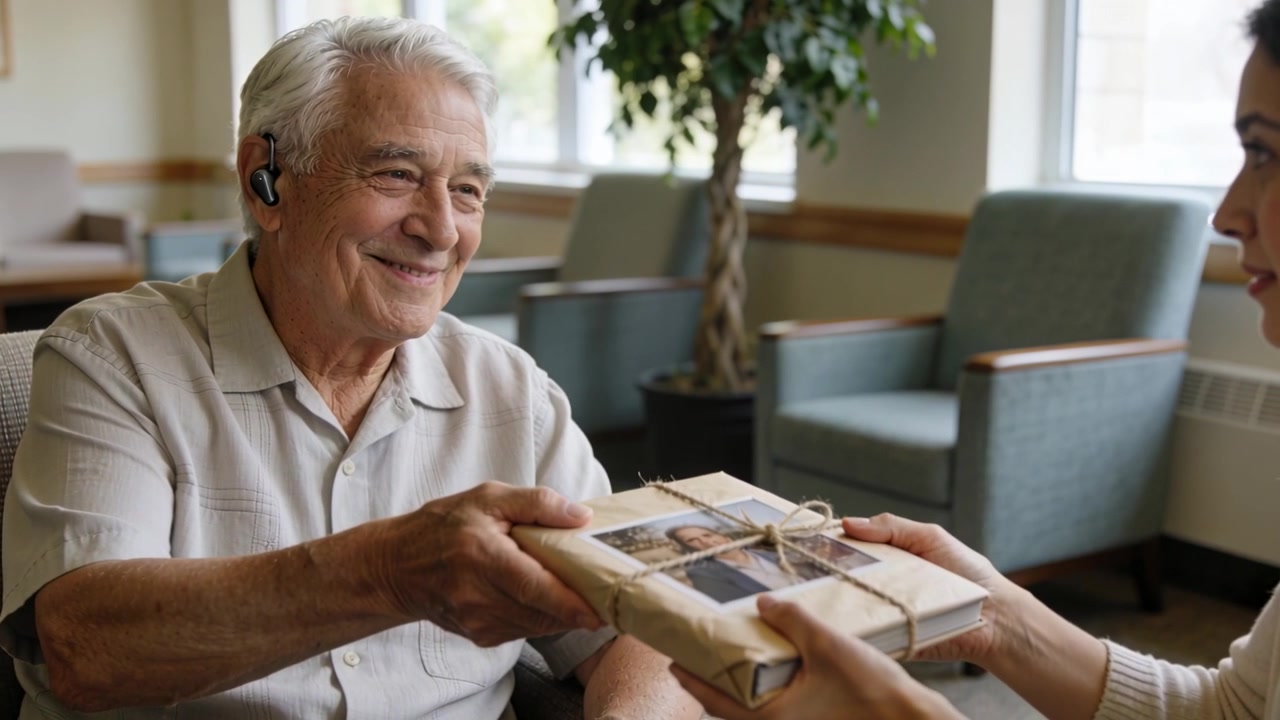 Extending visitor offering wrapped book, senior in light shirt taking smiling in lounge as gift
