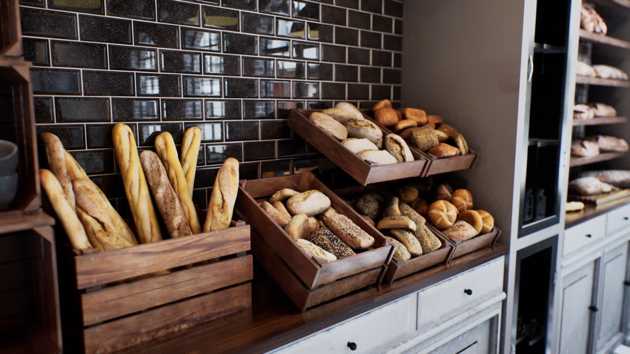 Fresh bread on shelves in bakery