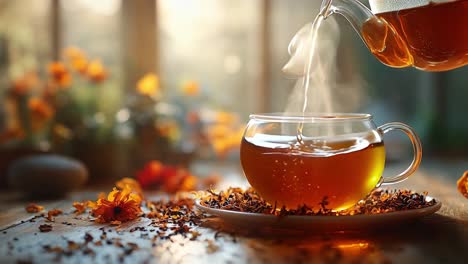 pouring herbal tea into a clear glass cup